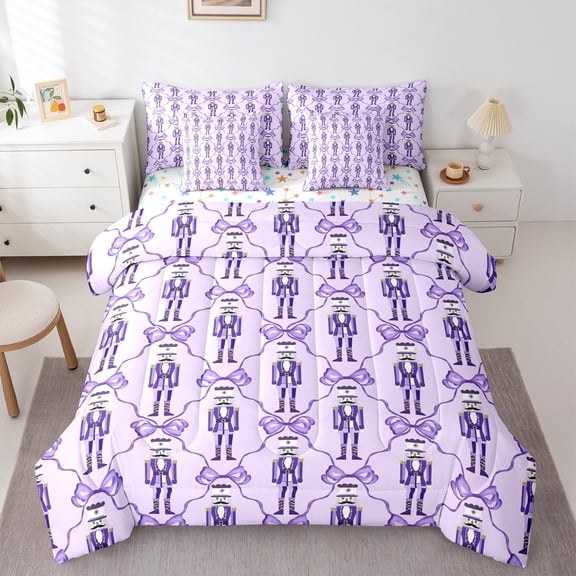 Manfei Merry Christmas 7-Piece Bedding Comforter Set,Nutcracker Soldier King Bedding Sets,Purple Bow Knot Bed Sheets For Child,Breathable Home Decor Reversible