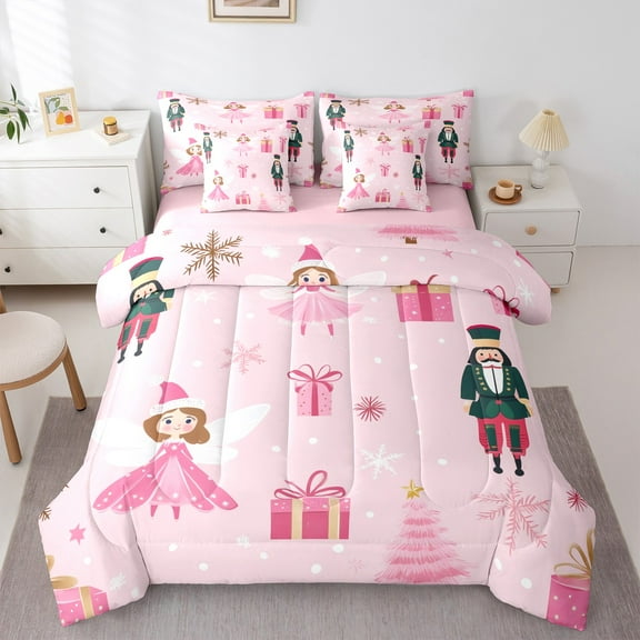 Manfei Merry Christmas 7-Piece Bedding Comforter Set,Xmas Nutcracker Soldier King Bedding Sets,Pink Princess Elf Bed Sheets For Child,Breathable Home Decor Reversible