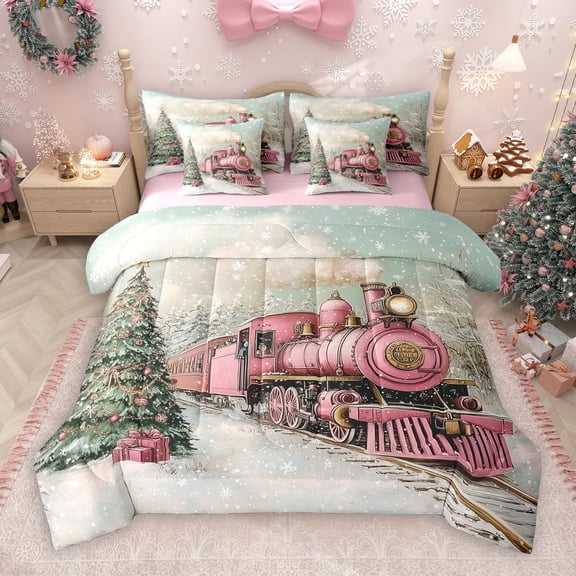 Manfei Merry Christmas 7-Piece Twin Bedding Sets.Chic Xmas Tree Bedding Comforter Set,Pink Train Sheet Sets For Girls Kids,Breathable Home Decor Reversible
