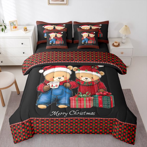 Manfei Merry Christmas 7-Piece Twin Bedding Sets,Cute Cartoon Bear Bedding Comforter Set,Red Black Plaid Sheet Sets For Teens,Ultra Soft Home Decor Reversible