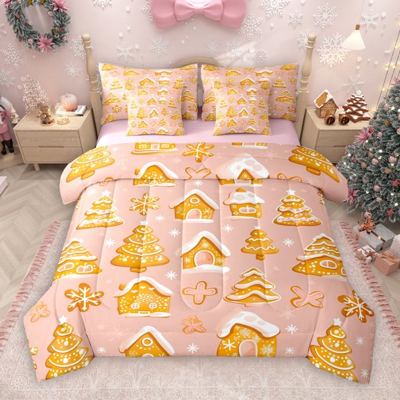 Manfei Merry Christmas 7-Piece Twin Bedding Sets,Kawaii Gingerbread House Bedding Comforter Set,Pink Brown Sheet Sets For Girls Teens,Luxury Bedroom Decor Reversible