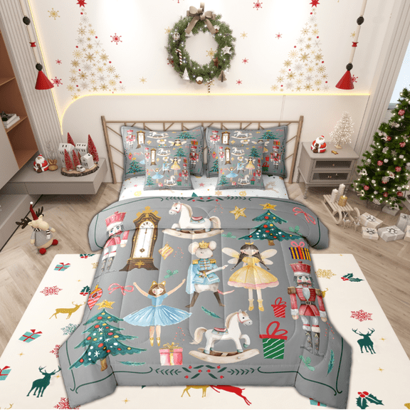 Manfei Merry Christmas 7-Piece Twin Bedding Sets,Xmas Nutcracker Soldier Bedding Comforter Set,Cartoon Girl Mouse Sheet Sets For Child,Breathable Home Decor Reversible