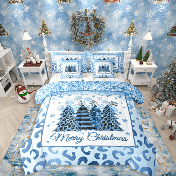 Manfei Merry Christmas 7 Pieces Bedding Comforter Set,Leopard Print Full Bedding Set Lightweight,Bling Glitter Fitted Sheet Flat Sheet,Ultra Soft Festival Home Decor,Reversible
