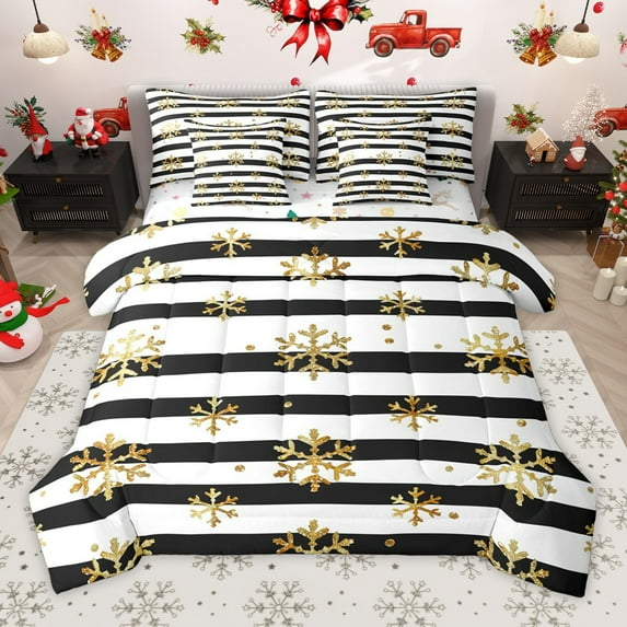 Manfei Merry Christmas 7 Pieces Bedding Comforter Set for Teensfemale Men,Golden Xmas Snowflake Full Bedding Set Lightweight,Geometric Stripes Fitted Sheet Flat Sheet,Breathable Home Decor