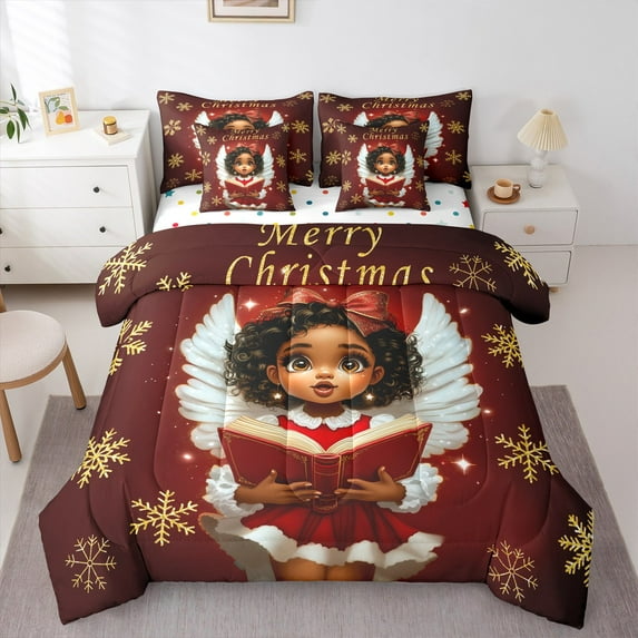 Manfei Merry Christmas 7pcs Bedding Comforter Set,Black Cute Princess Queen Bedding Sets,Gold Xmas Snowflake Queen Sheet Sets For Girls Kids,Super Cozy Room Decor Reversible