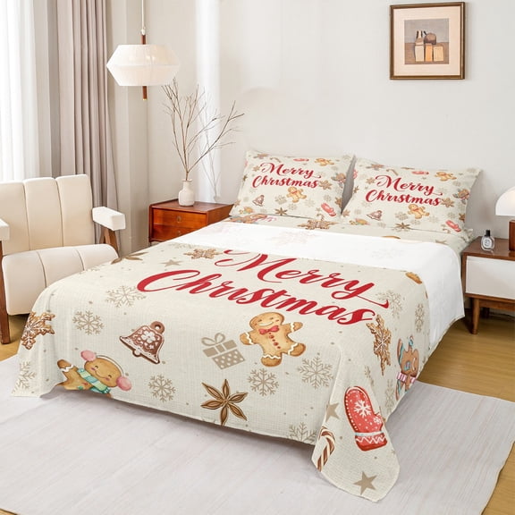 Manfei Merry Christmas Bed Sheets 4pcs, Cute Gingerbread Snowflake King Sheets, Happy New Year Sheet Set for Boys Girls, Breathable Home Decor