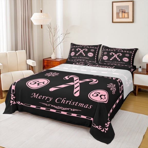 Manfei Merry Christmas Bed Sheets 4pcs for Kids, Xmas Sled King Sheets, Black Pink Candy Canes Luxury Bedroom Decor