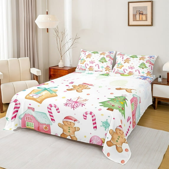 Manfei Merry Christmas Bed Sheets,Cartoon Xmas Tree King Sheets,Sweet Candy Cane Sheet Set For Teens,Super Cozy Room Decor,4pcs