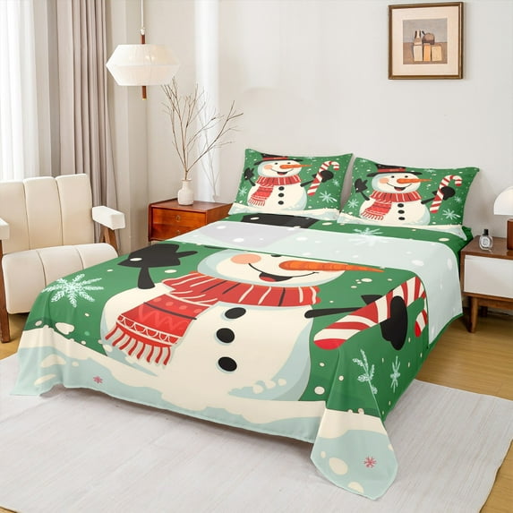 Manfei Merry Christmas Bed Sheets,Cute Xmas Snowman King Sheets,Green White Red Sheet Set For Kids,Breathable Home Decor,4pcs