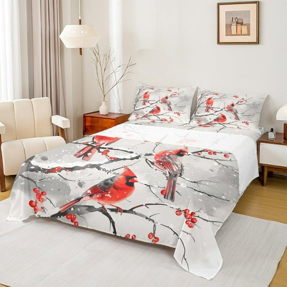 Manfei Merry Christmas Bed Sheets for Kids, Cartoon Robin Bird King Sheets, Jungle Leaf Plant Sheet Set, Breathable Home Decor, 4pcs