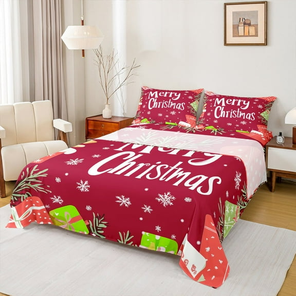 Manfei Merry Christmas Bed Sheets for Kids, Cartoon Winter Snowflake King Sheets, Santa Claus Gifts Sheet Set, Ultra Soft Home Decor, 4pcs