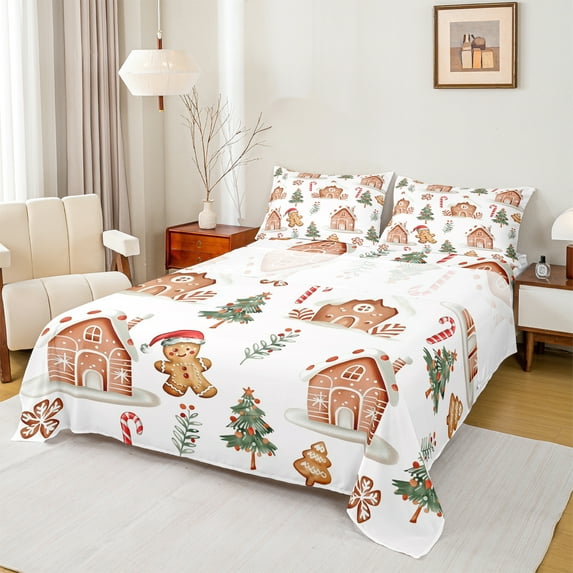Manfei Merry Christmas Bed Sheets for Kids, Gingerbread Man King Sheets, Xmas Tree Print Sheet Set, Ultra Soft Home Decor, 4pcs