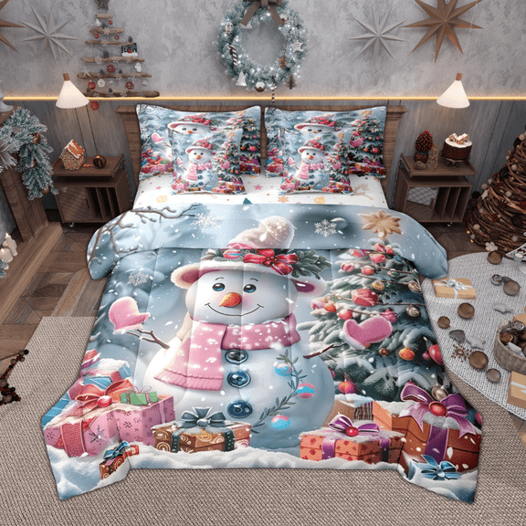 Manfei Merry Christmas Bedding Comforter Set 7-Piece, Cute Snowman Xmas Tree King Bedding Sets, Happy New Year Presents Bed Sheets, Microfiber Bedroom Decor