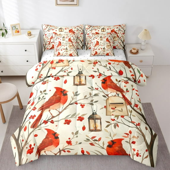 Manfei Merry Christmas Bedding Comforter Set 7pcs for Kids, Cartoon Robin Bird Queen Bedding Sets, Jungle Branches Leaf Reversible Queen Sheet Sets, Lightweight Room Decor