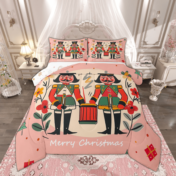 Manfei Merry Christmas Bedding Comforter Set for Boys Girls, Cartoon Nutcracker Twin Comforter Sets, Colorful Flower Bedding Set, Microfiber Bedroom Decor, Reversible 2pcs