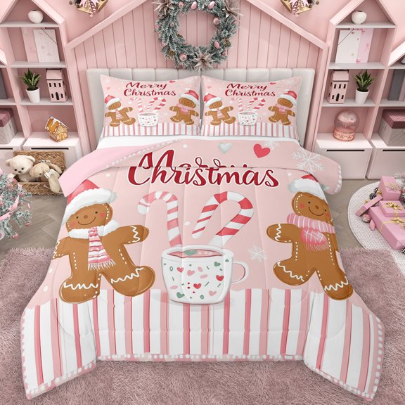 Manfei Merry Christmas Bedding Comforter Set,Candy Cane Twin Comforter Sets,Cartoon Gingerbread Man Bedding Set For Kids,Luxury Bedroom Decor Reversible,2 Pieces