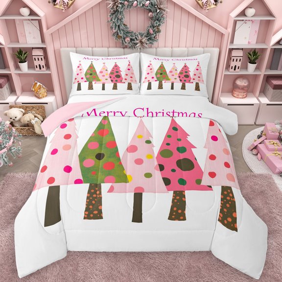 Manfei Merry Christmas Bedding Comforter Set,Cartoon Xmas Tree Twin Comforter Sets,Colorful Circle Dots Bedding Set For Girl,Luxury Bedroom Decor Reversible,2 Pieces