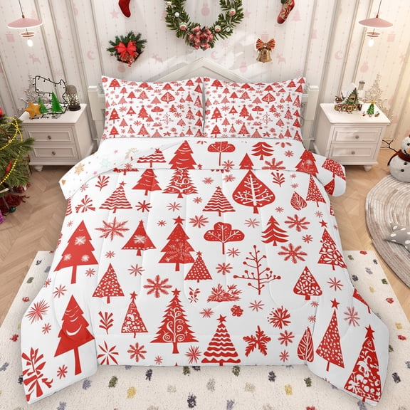 Manfei Merry Christmas Bedding Comforter Set,Cartoon Xmas Tree Twin Comforter Sets,Red White Bedding Set For Girl,Luxury Bedroom Decor Reversible,2-Piece