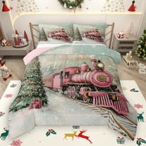 Manfei Merry Christmas Bedding Comforter Set.Chic Xmas Tree Twin Comforter Sets,Pink Train Bedding Set For Girls Kids,Breathable Home Decor Reversible,2 Pieces