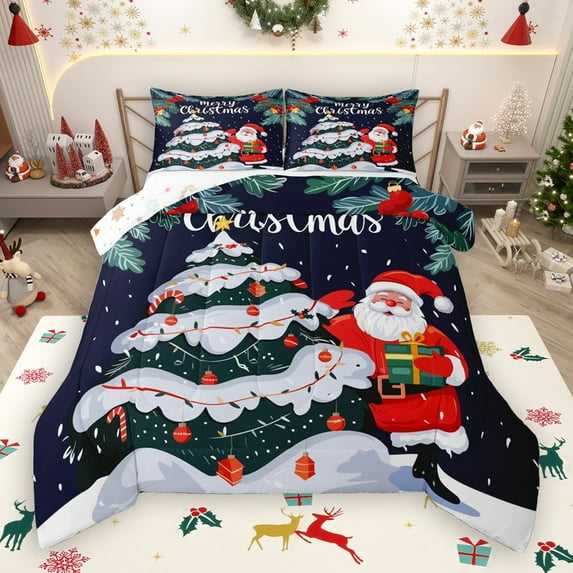 Manfei Merry Christmas Bedding Comforter Set,Cute Santa Clsua Twin Comforter Sets,Chic Xmas Tree Bedding Set For Girls Kids,Luxury Bedroom Decor Reversible,2 Pieces