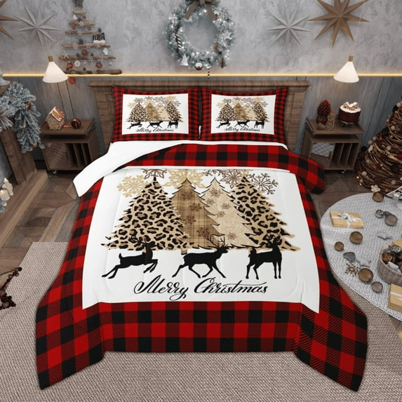 Manfei Merry Christmas Bedding Comforter Set for Kids, Brown Leopard Print Xmas Tree Twin Comforter Sets, Black Red Check Bedding Set, Super Cozy Room Decor 2-Piece