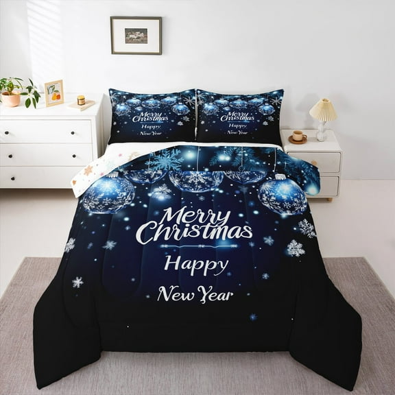 Manfei Merry Christmas Bedding Comforter Set for Kids, Cartoon Xmas Ball Twin Comforter Sets, Cartoon Winter Snowflake Reversible Bedding Set, Luxury Bedroom Decor, 2 Pieces