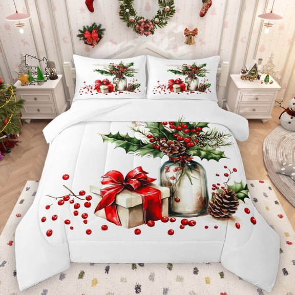 Manfei Merry Christmas Bedding Comforter Set,Wild Pine Cone Berry Twin Comforter Sets,Xmas Floral Gifts Bedding Set For Men Women,Breathable Home Decor,2pcs