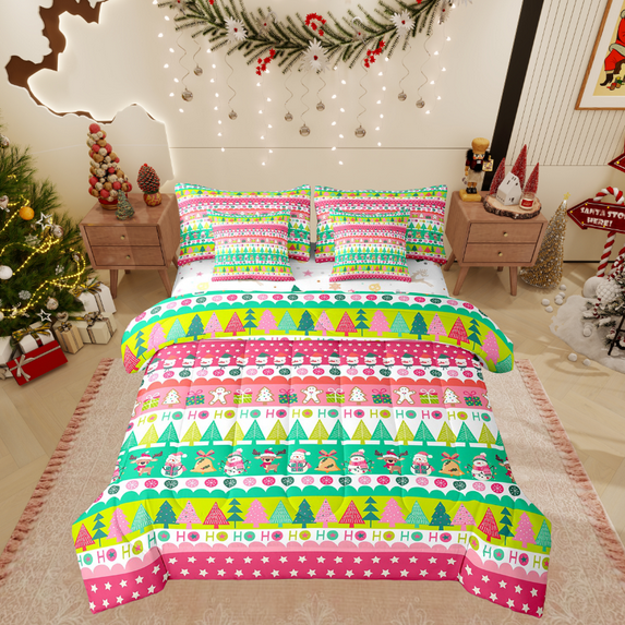 Manfei Merry Christmas Bedding Sets Queen Size, Kawaii Deer Snowman Bed in a Bag Queen size, Xmas Tree Reversible Comforter Sets with Sheets, Microfiber Bedroom Decoration, 7pcs