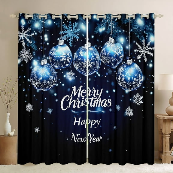 Manfei Merry Christmas Black Out Curtains for Kids, Cartoon Xmas Ball Curtains Pack of 2 (42x63 Each), Cartoon Winter Snowflake Bedroom Curtains, Curtains and Drapes Decor