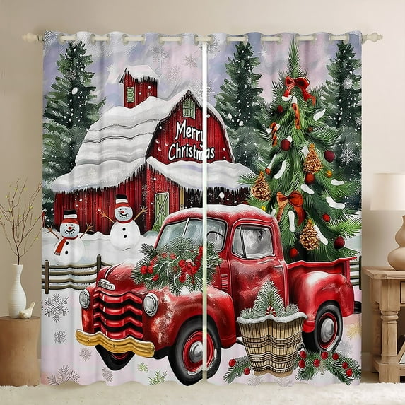 Manfei Merry Christmas Blackout Curtains Set of 2 (52x84 Each) for Kids, Farmhouse Truck Window Curtains, Xmas Tree Curtains and Drapes, Luxury Bedroom Decor