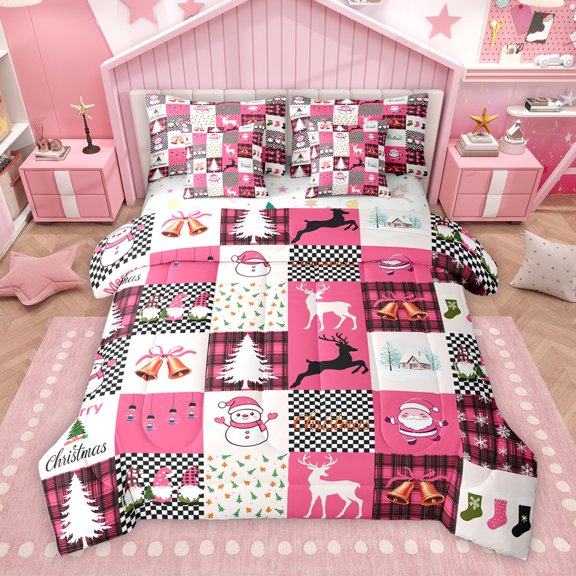 Homewish Merry Christmas Child Bedding Comforter Set 7pcs, Magic Reindeer Snowman King Bedding Sets, Cartoon Pink Patchwork Reversible Bed Sheets, Luxury Bedroom Decor