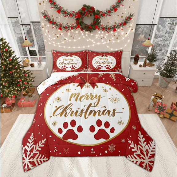 Manfei Merry Christmas Child Bedding Comforter Set, Kawaii Cat Paw Print Twin Comforter Sets, Cartoon Bowknot Snowflake Reversible Bedding Set, Super Cozy Room Decor, 2-Piece