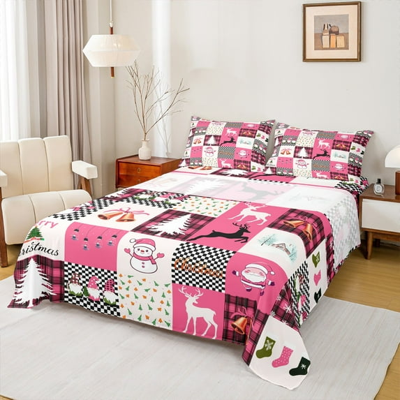 Homewish Merry Christmas Child Full Size Sheets, Magic Reindeer Snowman Bed Sheets, Cartoon Pink Patchwork Sheet Sets, Luxury Bedroom Decor, 4-Piece
