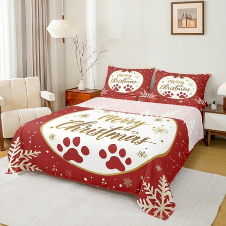 Manfei Merry Christmas Child Twin Sheet Sets, Kawaii Cat Paw Print Twin Fitted Sheet, Cartoon Bowknot Snowflake Flat Sheet, Super Cozy Room Decor, 3-Piece