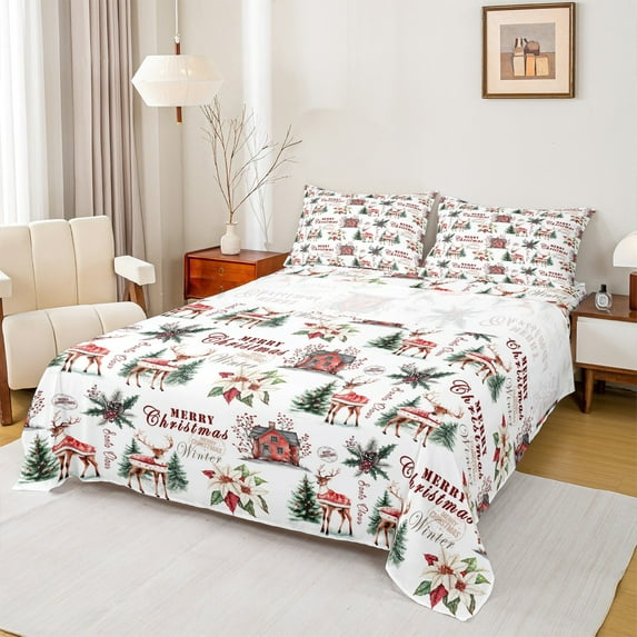 Manfei Merry Christmas Child Twin Sheet Sets, Kawaii Reindeer Wildlife Twin Fitted Sheet, Flower Leaf Flat Sheet, Microfiber Bedroom Decor, 3 Pieces