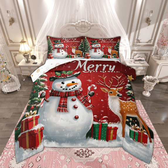 Manfei Merry Christmas Full Size Comforter Sets, Cartoon Snowman Bedding Comforter Set, Xmas Tree Gifts Bedding Sets, Lightweight Room Decor, Reversible 3-Piece