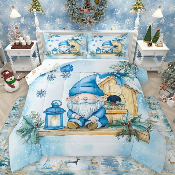 Manfei Merry Christmas Full Size Comforter Sets,Cute Blue Gnome Bedding Comforter Set,Rustic Xmas Flower Bedding Sets For Girls Teens,Microfiber Bedroom Decor Reversible,3pcs