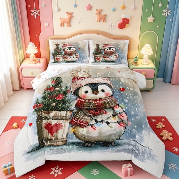 Manfei Merry Christmas Full Size Comforter Sets,Cute Penguin Bedding Comforter Set,Xmas Reversible,3-Piece,1 Comforter and 2 Pillowcases