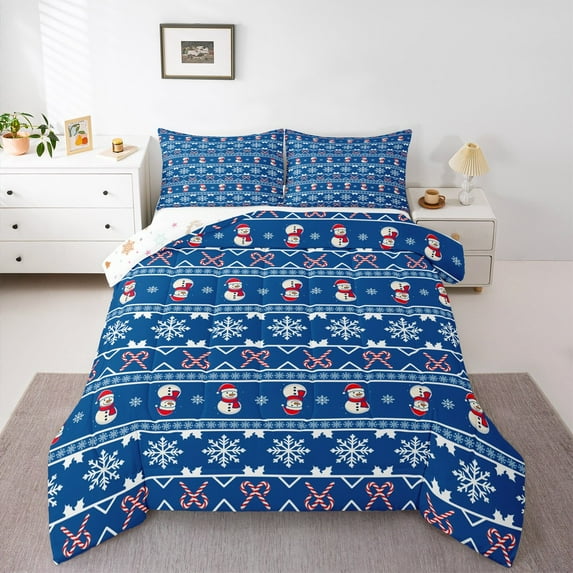 Manfei Merry Christmas Full Size Comforter Sets,Snowmen Candy Cane Bedding Comforter Set,Blue White Bedding Sets For Kids Girls,Super Cozy Room Decor Reversible,3pcs