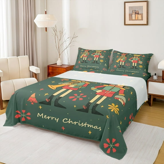 Manfei Merry Christmas Full Size Sheets 4pcs for Boys Girls, Cartoon Nutcracker Bed Sheets, Xmas Tree Star Snowflake Sheet Sets, Super Cozy Room Decor