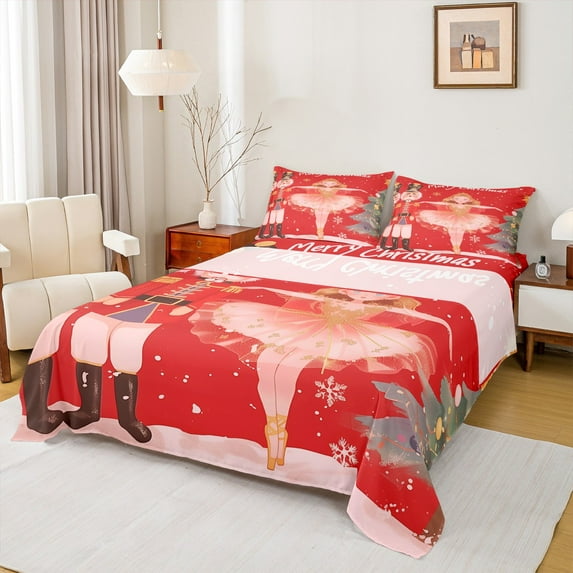 Manfei Merry Christmas Full Size Sheets 4pcs for Girls, Nutcracker Ballet Girl Bed Sheets, Xmas Tree Gifts Sheet Sets, Lightweight Room Decor