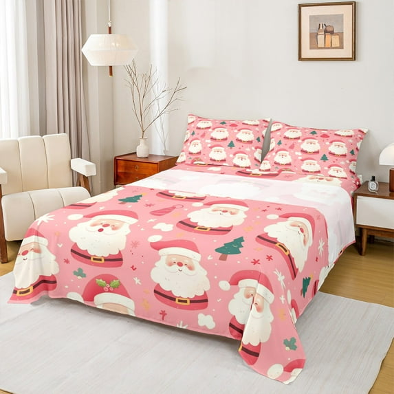 Manfei Merry Christmas Full Size Sheets,Kawaii Santa Clsua Bed Sheets,White Pink Sheet Sets For Girls Kids,Luxury Bedroom Decor,4-Piece