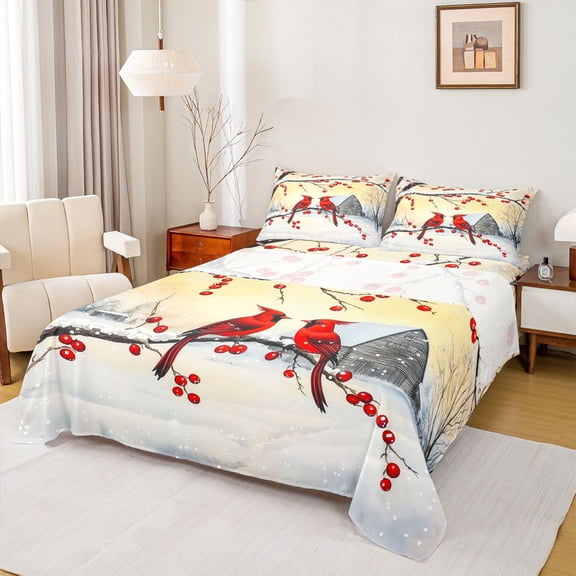 Manfei Merry Christmas Full Size Sheets,Wild Cardinal Birds Bed Sheets,Rustic Xmas Red Berry Sheet Sets For Men Women,Breathable Home Decor,4pcs