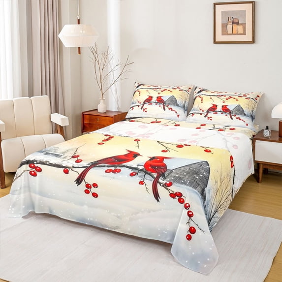 Manfei Merry Christmas Full Size Sheets,Wild Cardinal Birds Bed Sheets,Rustic Xmas Red Berry Sheet Sets For Men Women,Breathable Home Decor,4pcs