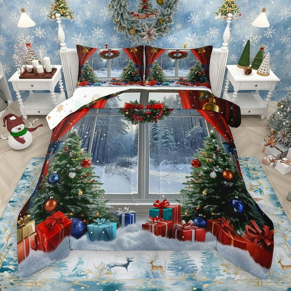 Manfei Merry Christmas Gifts Bedding Comforter Set,Cartoon Xmas Tree Twin Comforter Sets,Green Red Bedding Set For Girls,Breathable Home Decor Reversible,2pcs