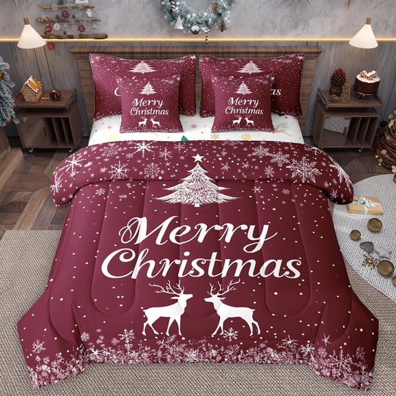 Manfei Merry Christmas Kid Twin Bedding Sets 7-Piece, Dreamy Reindeer Moose Bedding Comforter Set, Fashion Winter Snowflake Reversible Sheet Sets, Microfiber Bedroom Decor