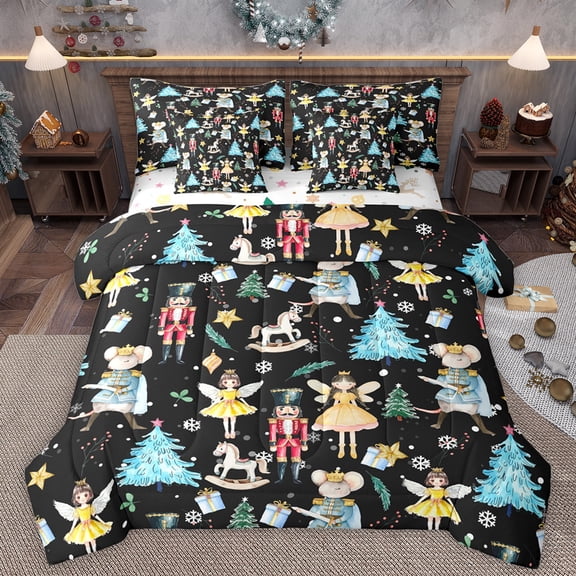 Manfei Merry Christmas Kids Twin Bedding Sets 7-Piece, Dreamy Fairy Princess Bedding Comforter Set, Nutcracker Mouse Guard Reversible Sheet Sets, Ultra Soft Bedroom Decor