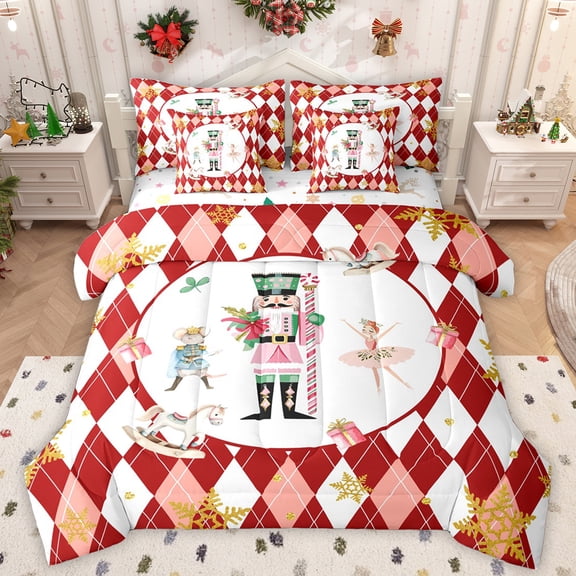 Manfei Merry Christmas Kids Twin Bedding Sets 7-Piece, Vintage Red Sqaure Abstract Bedding Comforter Set, Nutcracker Mouse Guard Reversible Sheet Sets, Breathable Home Decor