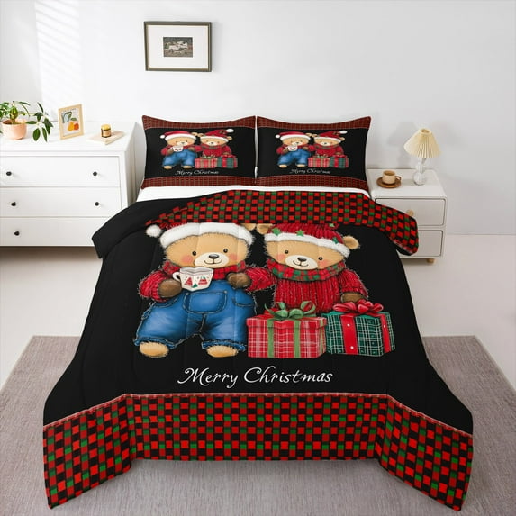 Manfei Merry Christmas King Size Comforter Sets,Cute Cartoon Bear Bedding Comforter Set,Red Black Plaid Bedding Set For Teens,Ultra Soft Home Decor Reversible,3pcs