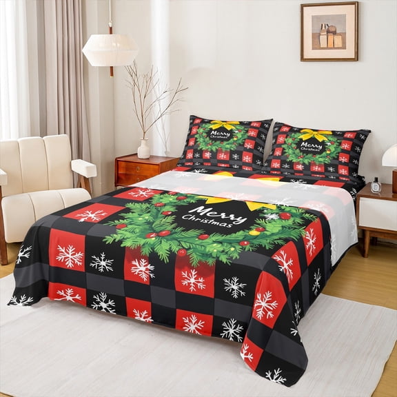 Manfei Merry Christmas Print Bed Sheets 4 Pieces for Kids, Red Black Snowflake Grid King Sheets, Xmas Gifts Sheet Set, Ultra Soft Home Decor